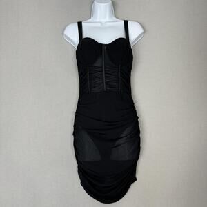 LEAU Miami Dress Womens Medium Black Ruched Mesh Corset Bustier Bodycon Mini
